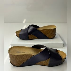 Navy blue lather wedge sandals size 7